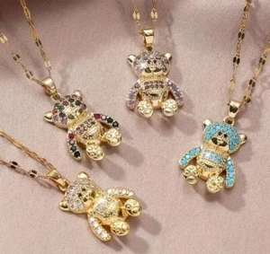 Ladies 14k Gold Plated Teddy Bear Iced CZ Pendant + 16" 18" Chain Necklace New - Picture 1 of 11