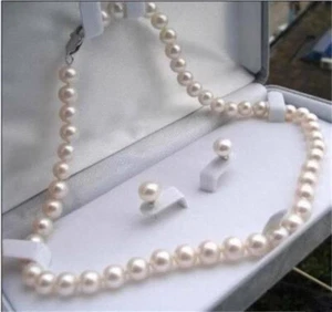 Genuine Natural 7-8mm White Akoya Cultured Pearl Necklace 18" Earrings Set - Picture 1 of 3