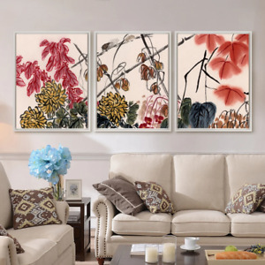 Qi Baishi Flowers and insects Red leaf Asian Three 3 Multi Set Poster/ Canvas