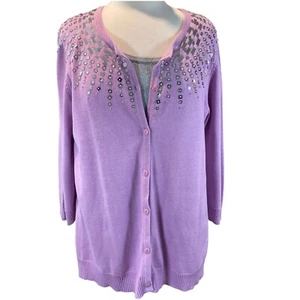 Quacker Factory Lavender Cardigan 3/4 Sleeve Embellished Silver Sequin Faux Cami - Picture 1 of 9