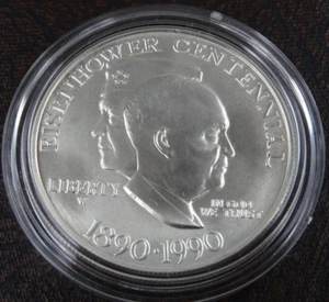 1990-W Eisenhower Unc Silver Dollar US Mint Commemorative $1 Capsule Only BU - Picture 1 of 4