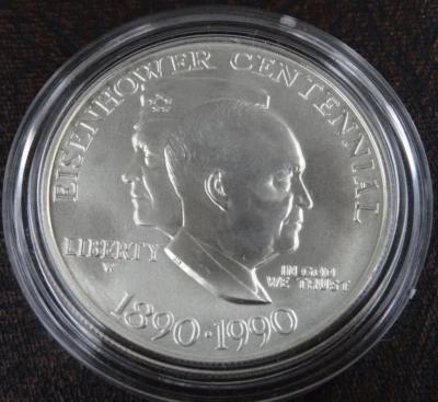 1990-W Eisenhower Unc Silver Dollar US Mint Commemorative $1 Capsule Only BU - Image 1 of 4