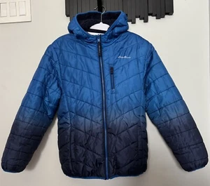 Eddie Bauer Jacket Boys Large 14-16 Blue Full Zip Hooded Reversible Puffer Coat - Picture 1 of 8