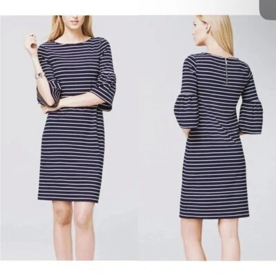 WHBM Navy Blue White Striped Bell Sleeve Shift Dress Size Medium NEW - Image 1 of 4