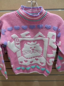 Vintage Girls Youth Kids Princess Cat Sweater Hearts - Picture 1 of 6
