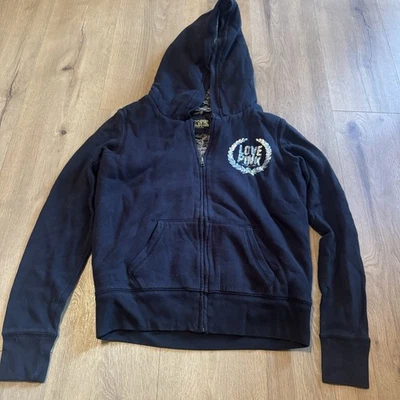 Sudadera con capucha negra con cremallera completa forrada de piel sintética rosa xs vintage Y2K Victorias Secret lentejuelas Foto 1 de 4
