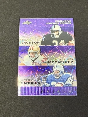 Bo Jackson Christian McCaffrey Barry Sanders 2024 Hoja Metal Trío Púrpura/15 RC Foto 1 de 2