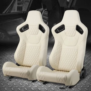 Pair of Universal White Vinyl & Stitching Adjustable Reclinable Racing Seats - Picture 1 of 8