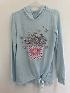wonder nation Kid Girls Sequin Popcorn Tie Front Hooded Long Sleeve Shirt Blue L - Picture 1 of 6