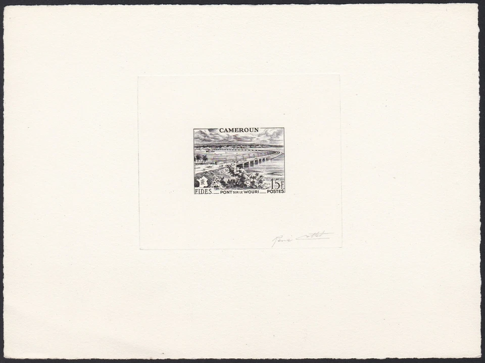Cameroon Sc327 FIDES, Wouri Bridge, Train, Locomotive, Railroad Signed Die Proof - Image 1 of 1