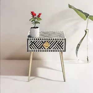Bone Inlay Bedside Table Nightstand Furniture | 1 Drawer | Handmade - Picture 1 of 3
