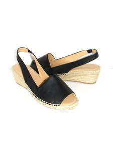 CARMEN SAIZ Black Leather PeepToe Wedge Espadrille Sandals SZ 42 NEW - Picture 1 of 6