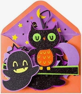 Papyrus Displayable Hanging Glitter Owl Ghost Bat Mobile Halloween Greeting Card - Picture 1 of 4
