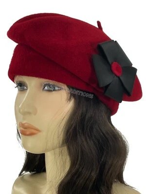 Laulhere French Hat Beret Wool Passion Red & Black Flower - 7 - 7 1/8 France - Image 1 of 4