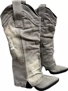 Reitoye Womens Western Cowboy Denim Knee High Boots Chunky Mid Heel Boot 5.5 NIB - Picture 1 of 8