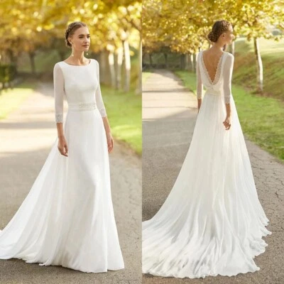 优雅 A 字婚纱大圆领 3/4 袖蕾丝贴花新娘礼服 — 第 1/4 张图片