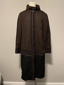 Escada Long Black & Brown Jacket Ribbon Accent Stripes, Size 12 (US) 44 (EUR)
