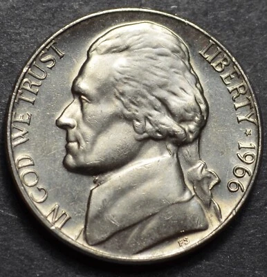 1966 P UNCIRCULATED JEFFERSON NICKEL FROM A SEALED BANK ROLL BUSINESS STRIKE #22 - Image 1 of 2