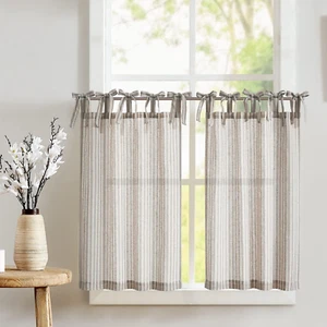 Taupe Striped Tie Top Linen Tier Curtains - 24" Light Filtering Cafe Curtains - Picture 1 of 12
