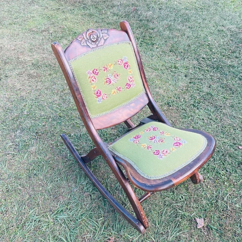 Vintage Needlepoint Tapestry Carved Wood Folding Rocking Chair Victorian Antique Cover