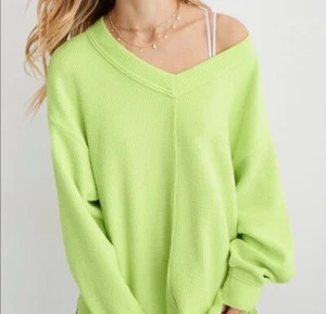 Aerie Wonder Textures V-Neck Sweatshirt Womens S Lime Cozy Oversized Slouchy - Picture 1 of 13