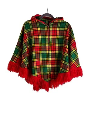 Poncho Suéter Capa Hippy OS Vintage Años 70 Hecho a Mano Arco Iris Cuadros con Capucha Flecos Foto 1 de 4