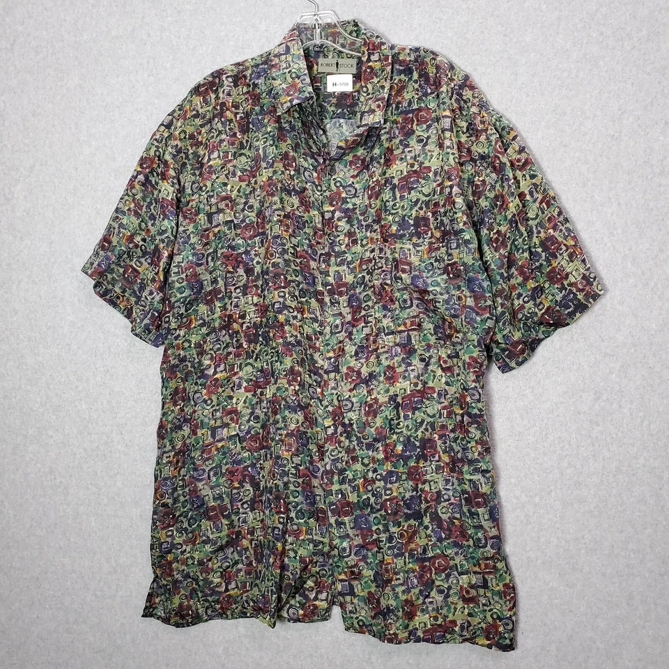 Camisa masculina Robert Stock com botões XL verde geométrica 100% seda manga curta LEIA - Imagem 1 de 4