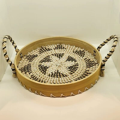 Round Serving Tray Woven Seagrass and Bamboo W Handles 11" Aztec Boho Decorative - Image 1 of 4