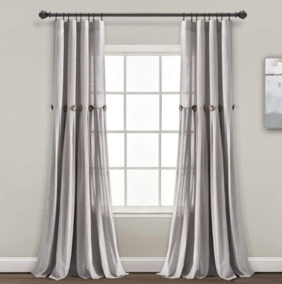 Lush Decor Linen Button Farmhouse Chic Window Curtain One panel Gray New 95” - Image 1 of 4