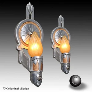 PAIR 1930's Classic Art Deco Copper & Metal Sconces RESTORED - Picture 1 of 11