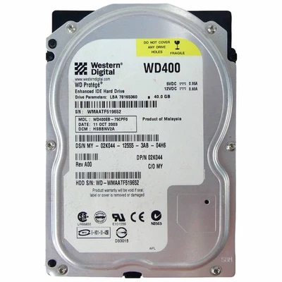 Hard Disk HDD IDE PATA 3.5" 40GB Western Digital WD400EB PC Desktop - Image 1 of 2
