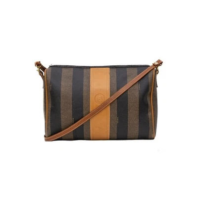 Bolso Bandolera Fendi Vintage Pequin Rayas Lona Recubierta Marrón Tostado Foto 1 de 4