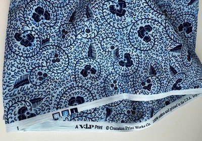 Vintage Fabric Cranston Print Works VIP Blue Cotton Flowers USA 3 Yards - Image 1 of 4