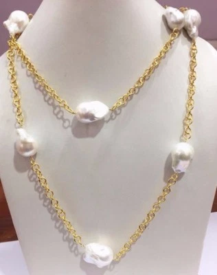 Colar corrente joalheria prata esterlina 925 sólida pérola barroca burguesa 40 polegadas - Imagem 1 de 4