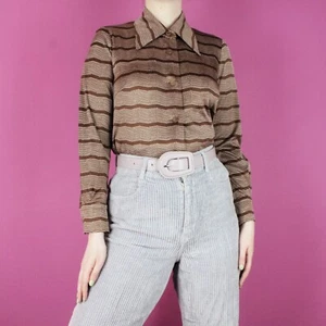 vintage 1970s 1980s womens retro pattern blouse brown beige shirt top small 8 10 - Picture 1 of 13