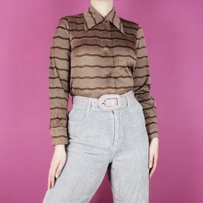 vintage 1970s 1980s womens retro pattern blouse brown beige shirt top small 8 10 - Image 1 of 4