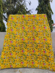 Indian Handmade Yellow Printed Kantha Quilt Blanket Throw Bedspread Vintage - Picture 1 of 5