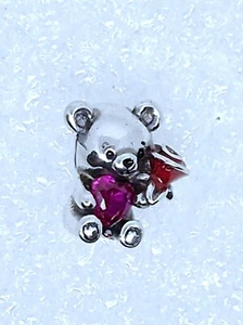 Cute Teddy Bear With Pink Crystal Holding A Enamel Rose Silver Plated (#111) - Picture 1 of 2