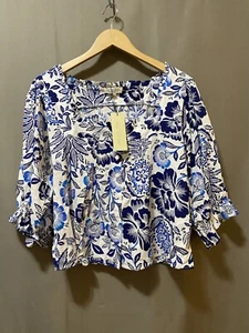 NWT Rachel Zoe Women 3/4 Sleeve Button Linen Rayon Top Size S White Blue Floral - Picture 1 of 16