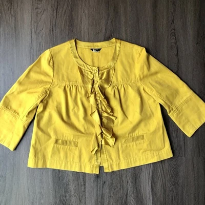 J. Crew Ruffle Jacket Women’s 8 Yellow Silk & Cotton Button Front 3/4 Sleeves Foto 1 de 4