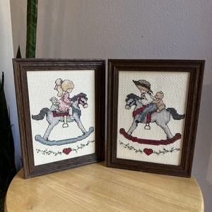 FRAMED CROSS STITCH ROCKING HORSE Boy Girl Dolly Cowboy Alma Lynne Nursery Decor - Picture 1 of 10