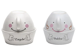 Coffee Cup & Cookie Set Ceramic Bubbe & Zayde Smiley Faces 4 Pieces - Picture 1 of 1