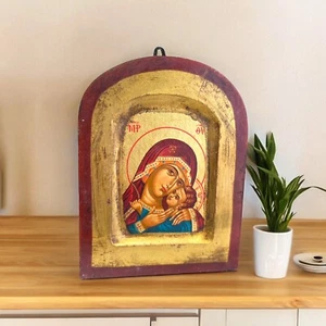 Vintage Orthodox Gold Hand Painted On Wood Icon Virgin Mary Mother Certificate - Picture 1 of 5