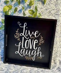 Home Decor Decorative Wooden Serving Tray 12x12" LIVE•LOVE•LAUGH - Black & Gold - Picture 1 of 9