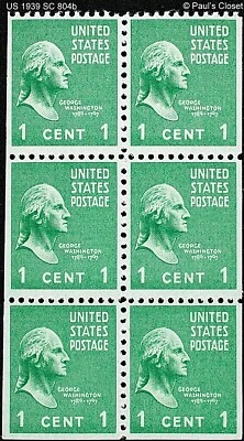 US WASHINGTON 1¢ BOOKLET PANE OF 6 MINT NEVER HINGED ORIGINAL GUM SC 804b VFINE - Image 1 of 2