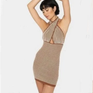 NWT Callahan X Revolve Mimi Mini Halter Dress- Tan Brown Stripe- Womens L - Picture 1 of 11