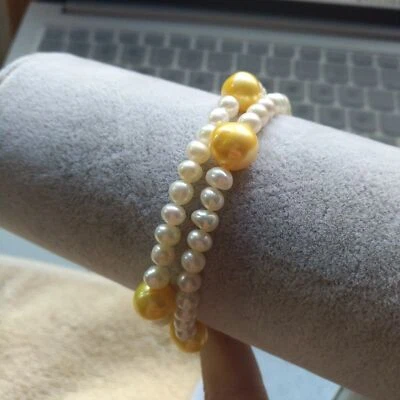 Double Strand Natural White Gold South Sea Pearl Bracelet 7.5-8" 14k Gold P - Image 1 of 4