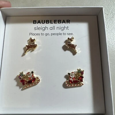 New Baublebar 2 Sets Christmas Stud Earrings Sleigh all Night Reindeer Rhineston - Image 1 of 4