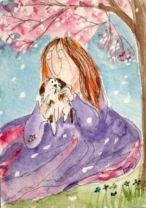 Aceo Mini Art Girl Woman Dog puppy Garden Flowers Original 2.5" x 3.5” - Picture 1 of 1
