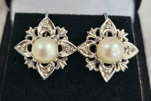 Pendientes vintage de oro blanco de 14k diamantes perlas atornillado 5,5 gramos perlas de 6 mm - Imagen 1 de 8